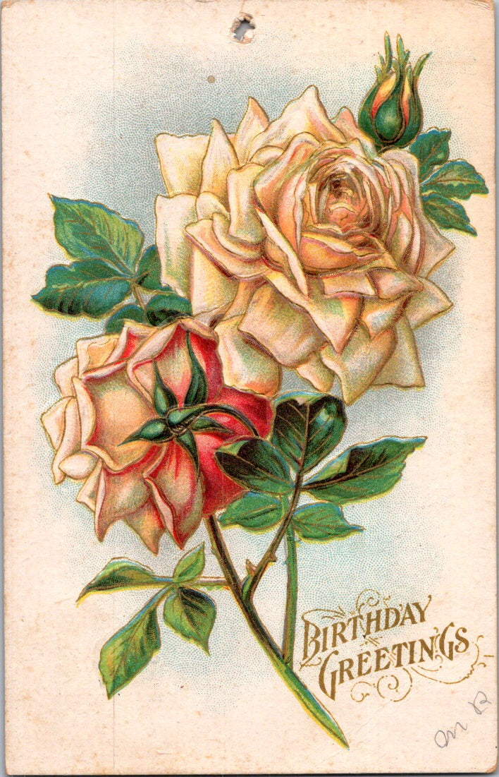 Vintage Postcard Roses Birthday Greetings Posted 1908 US Postage One Cent