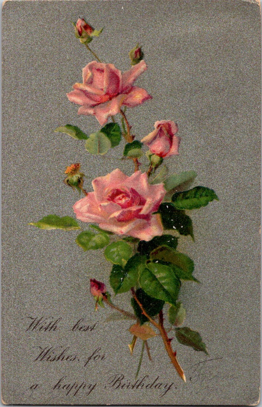 Vintage Postcard Pink Roses With Best Wishes For A Happy Birthday US One Cent