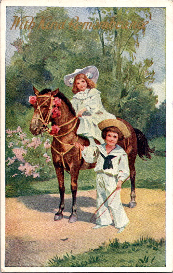 Vintage Postcard Cute Boy Girl Horseback Riding Unposted