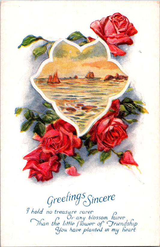 Vintage Postcard Red Roses Greetings Sincere Friendship Unposted