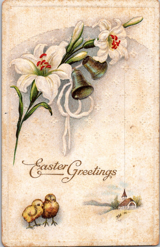 Vintage Postcard Flowers Chicks Easter Greetings Posted 1917 US One Cent