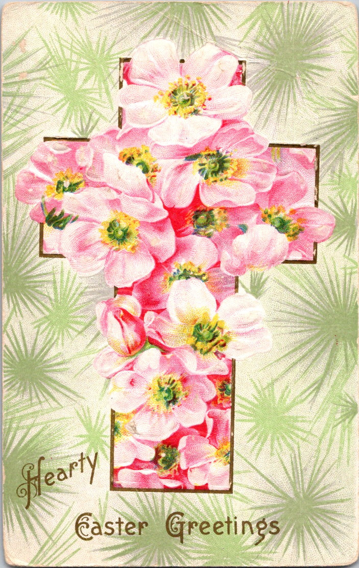 Vintage Postcard Cross Flowers Happy Easter Greetings Posted 1911 US One Cent