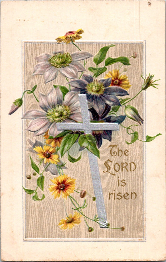 Vintage Postcard Cross Flowers The Lord Is Risen Posted US Postage One Cent