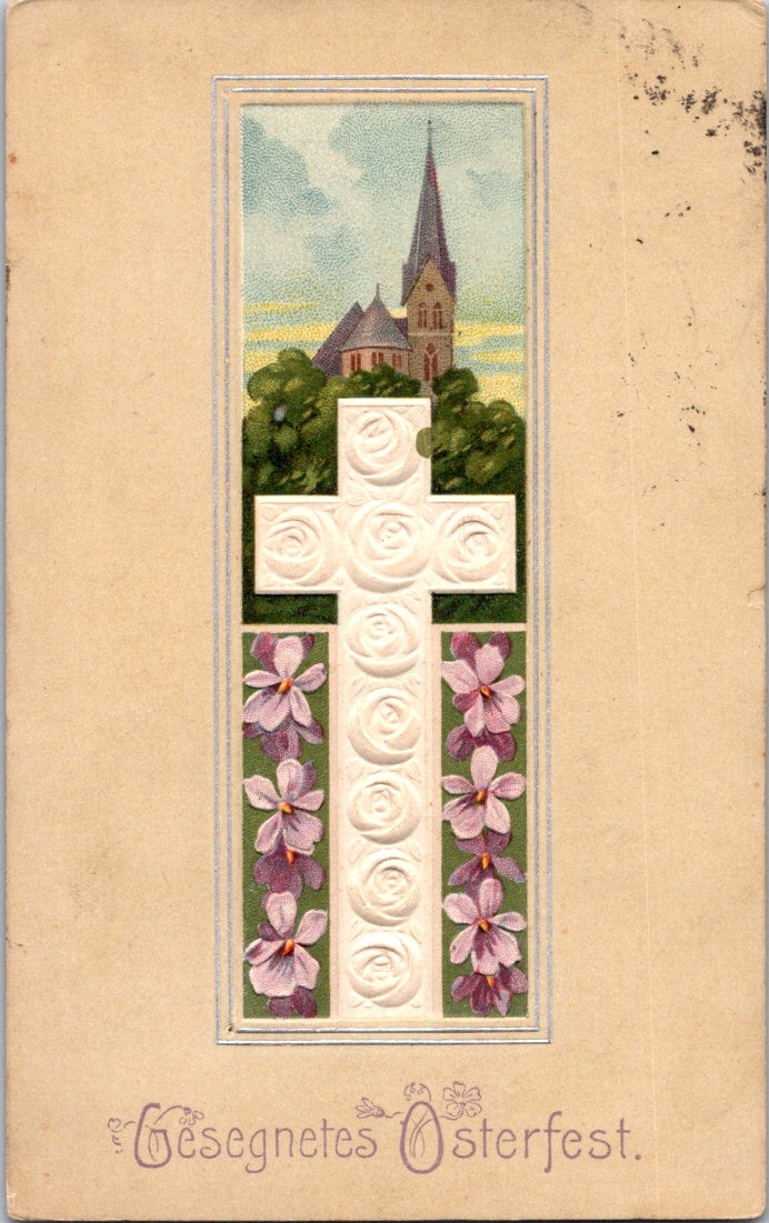 Vintage Postcard Cross Flowers A Blessed Easter Greetings Posted US One Cent