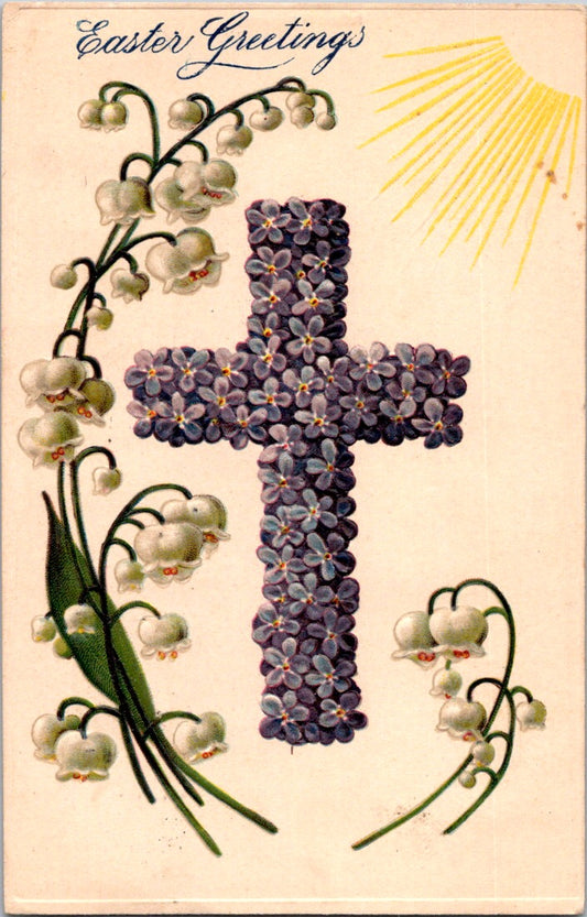 Vintage Postcard Flowers Cross Easter Greetings Posted 1909 US Postage One Cent