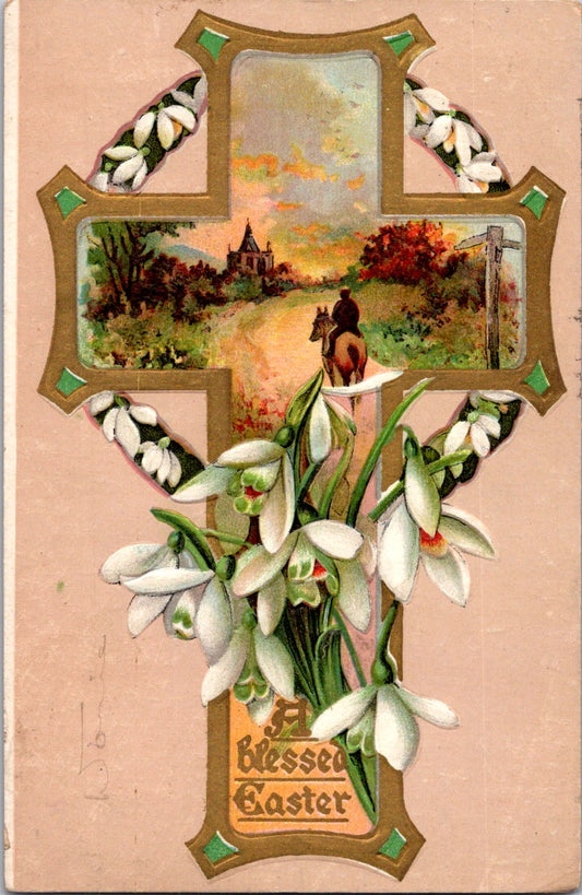 Vintage Postcard Flower Cross A Blessed Easter Posted 1908 US Postage One Cent