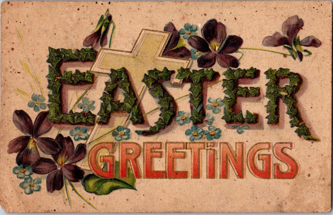 Vintage Postcard Cross Flowers Easter Greetings Posted 1916 US One Cent