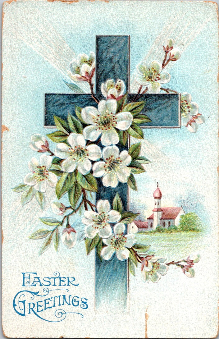 Vintage Postcard Cross With Flowers Easter Greetings Posted 1908 US One Cent