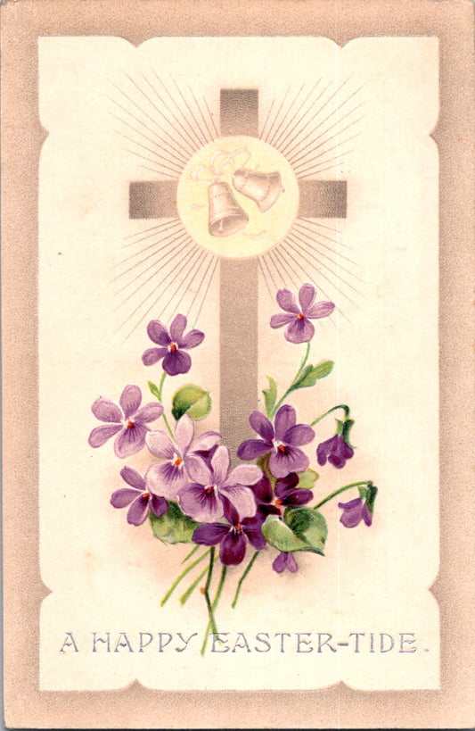Vintage Postcard Flowers Cross A Happy Easter Tide Posted 1918 US One Cent