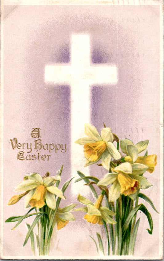 Vintage Postcard Flowers Cross A Very Happy Easter Posted 1910 US One Cent