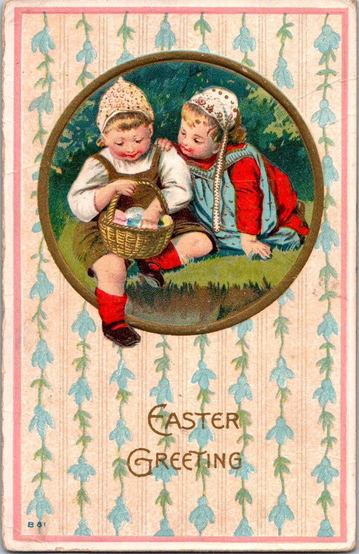 Vintage Postcard Girl Boy Easter Greeting Posted 1915 US Postage One Cent