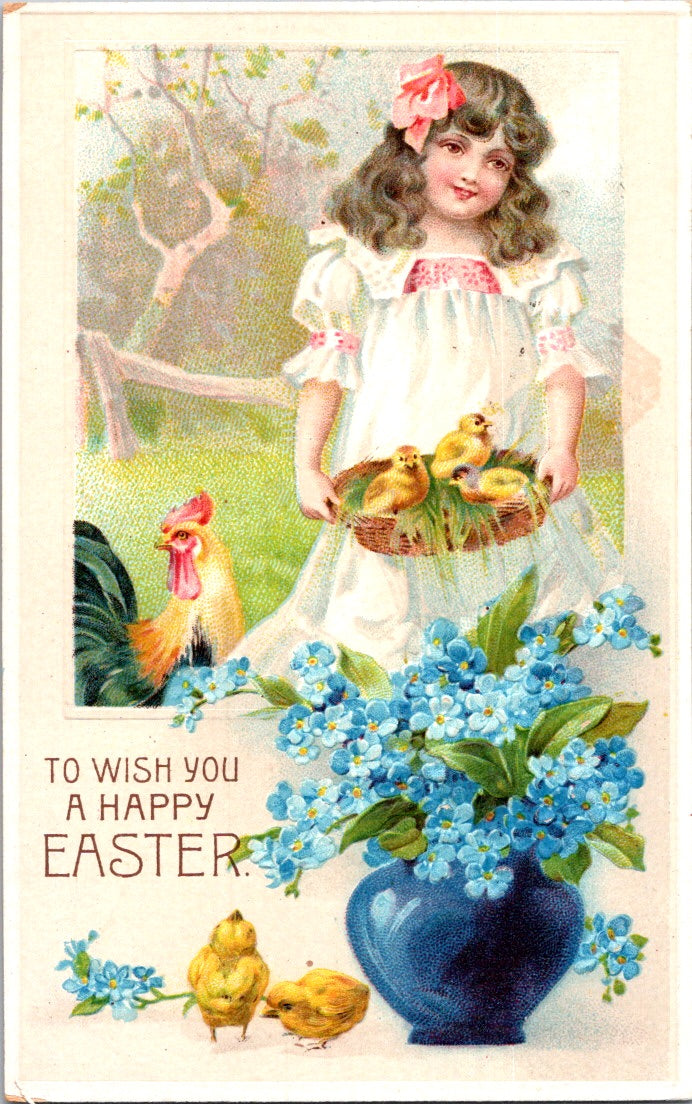 Vintage Postcard Girl With Chicks And Flower To Wish You A Happy Easter Unposted