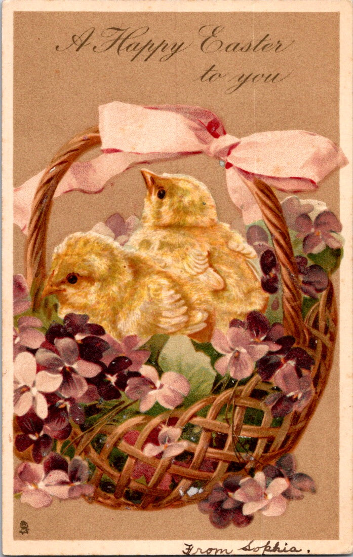 Vintage Postcard Flowers Chicks A Happy Easter To You Unposted