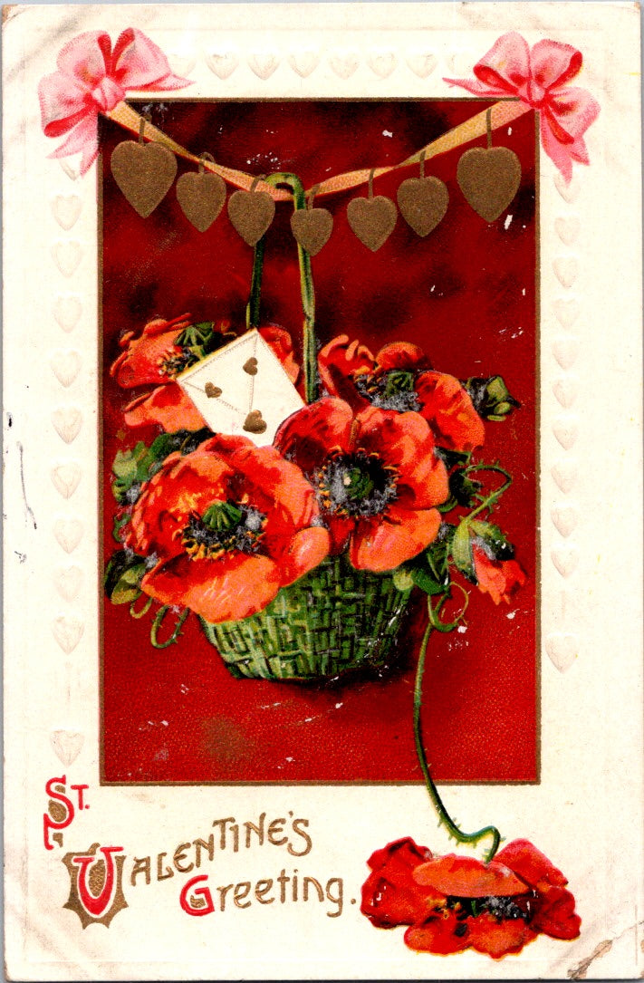 Vintage Postcard Flower In A Basket Valentine Greetings Unposted