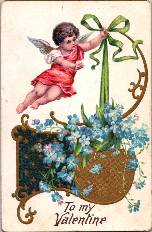 Vintage Postcard Cupid Blue Flowers To My Valentine Posted 1910 US One Cent