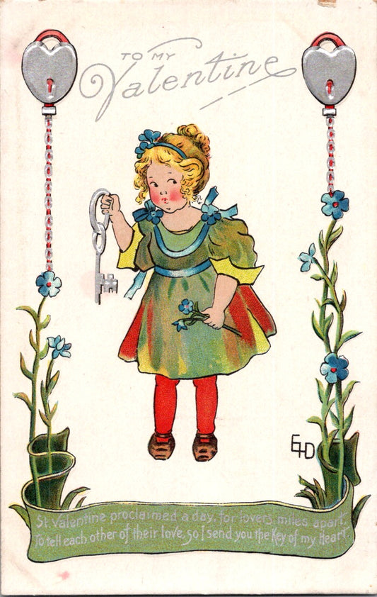 Vintage Postcard Girls Holds A Key And Flower To My Valentine Unposted