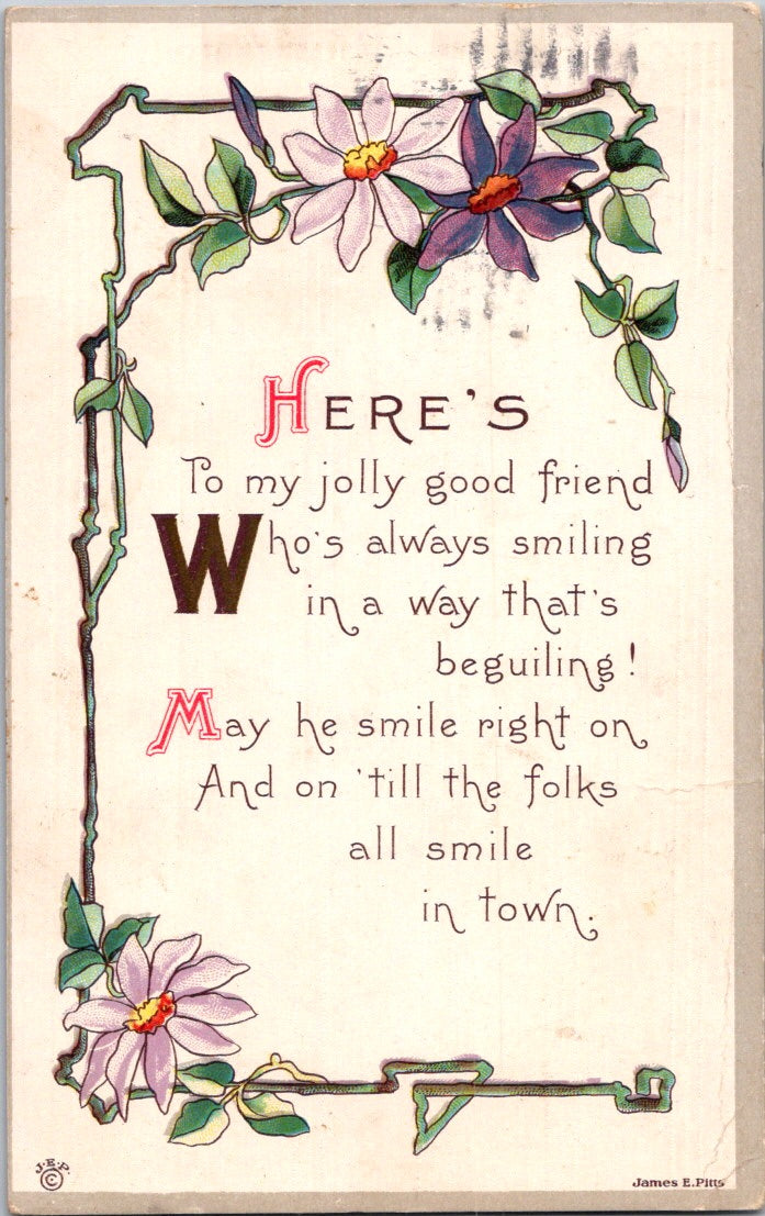 Vintage Postcard Greetings To A Jolly Good Friend Posted 1914 US One Cent