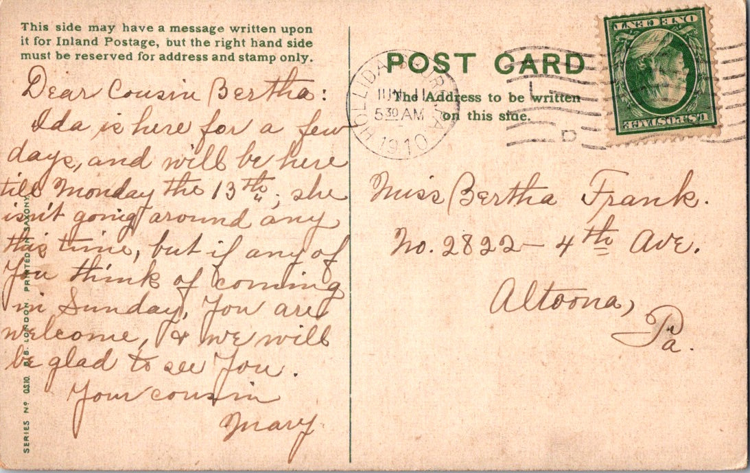 Vintage Postcard Ivy Leave We Cling Posted 1910 US Postage One Cent