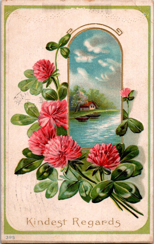 Vintage Postcard Flowers Kindest Regards Greetings Posted 1910 One Cent