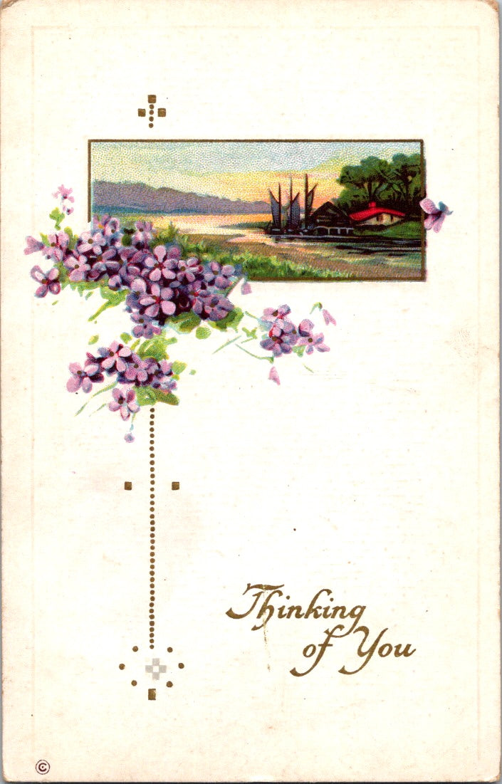 Vintage Postcard Purple Flowers Thinking Of You Greetings Posted 1913 One Cent