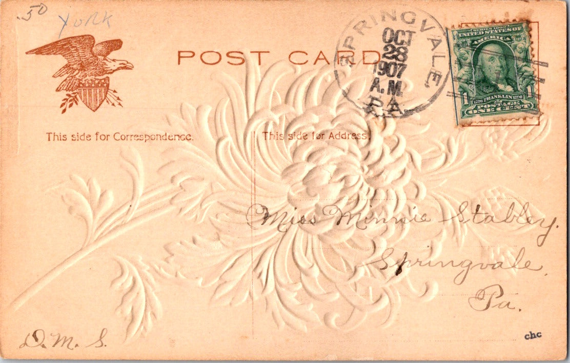 Vintage Postcard Flower Embossed Posted 1907 US Postage One Cent