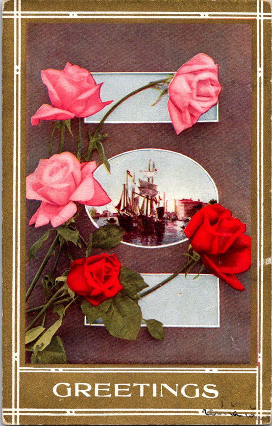 Vintage Postcard Roses Flowers Greetings Posted US Postage One Cent