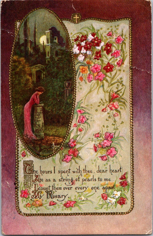 Vintage Postcard Praying Rosary Flowers Posted US Postage One Cent