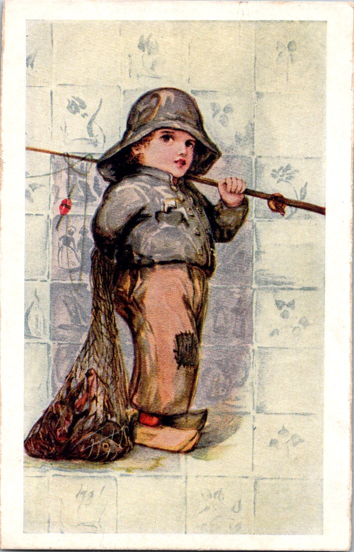 Vintage Postcard Boy Fishing Fishes On The Net Unposted