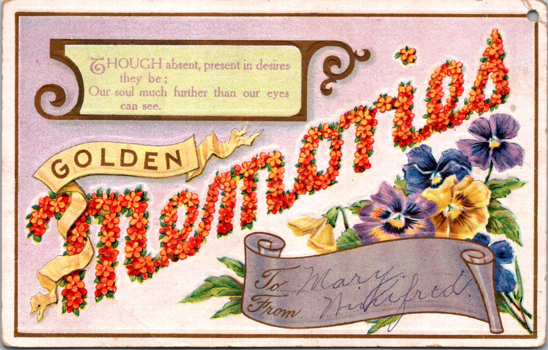 Vintage Postcard Beautiful Flowers Golden Memories Greetings Unposted