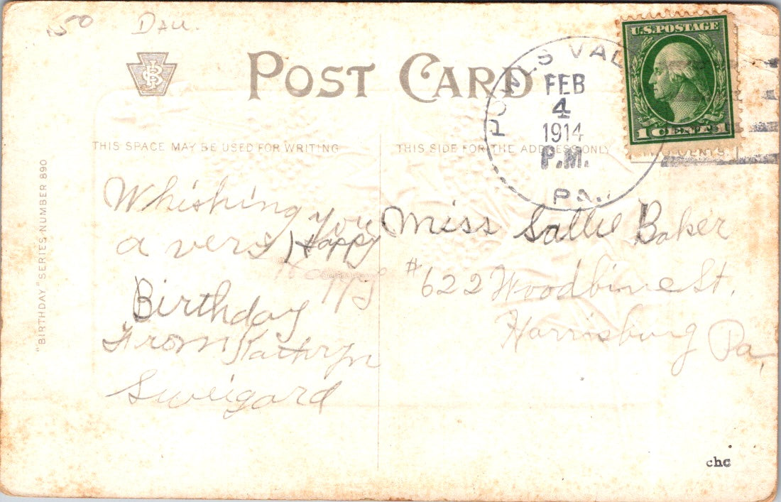 Vintage Postcard A Happy Birthday Greetings Posted 1914 US Postage One Cent