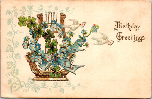 Vintage Postcard Flowers Dove Birthday Greetings Posted 1907 US Postage One Cent