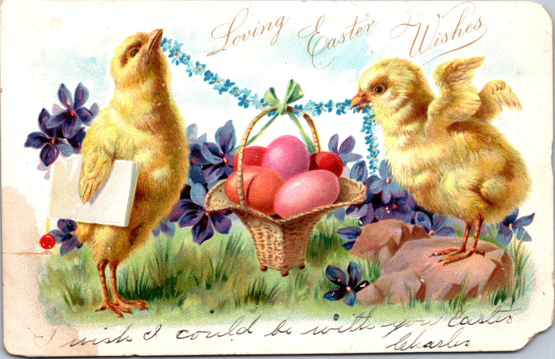 Vintage Postcard Loving Easter Wishes Chicks Egg Hunt Unposted