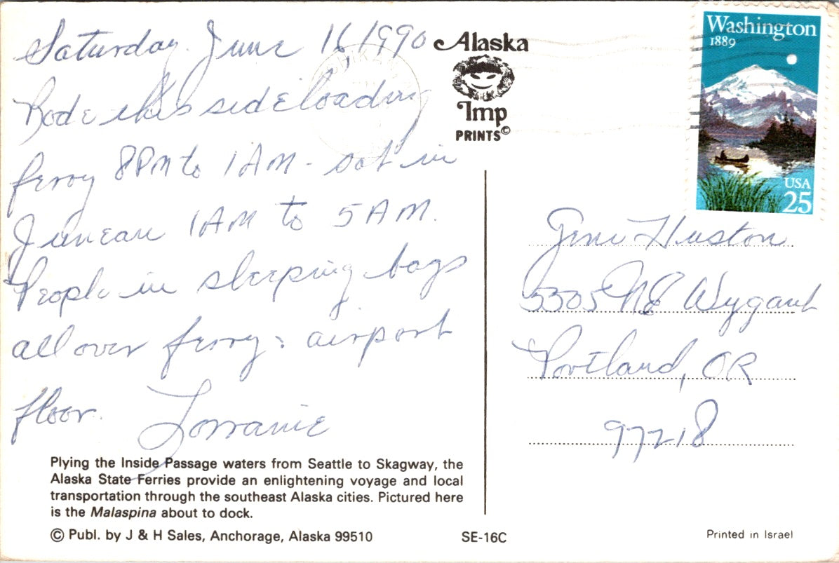 Vintage Postcard Seattle To Skagway Alaska State Ferries Posted 1990