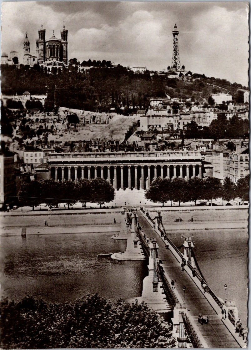 Vintage Postcard Bridge Of Courthouse On Saone And Fourviere Hill Lyon France