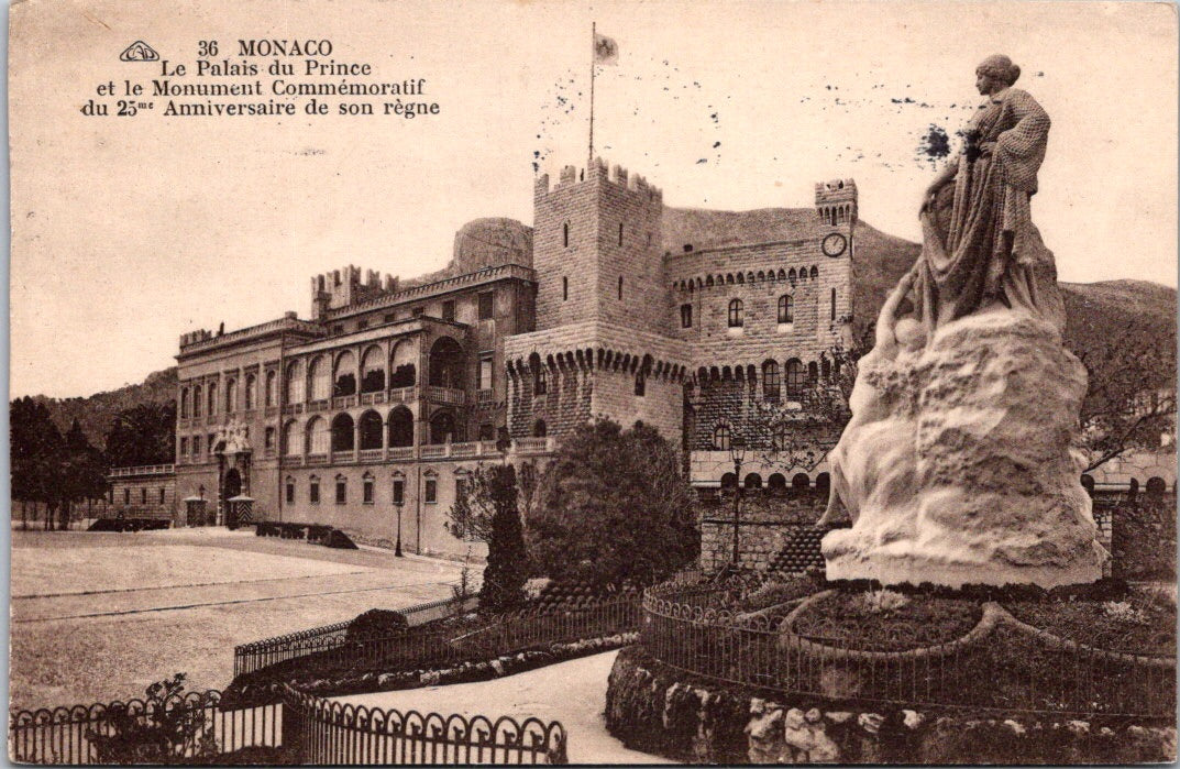 Vintage Postcard Prince's Palace Of Monaco And Commemorative Monument Posted