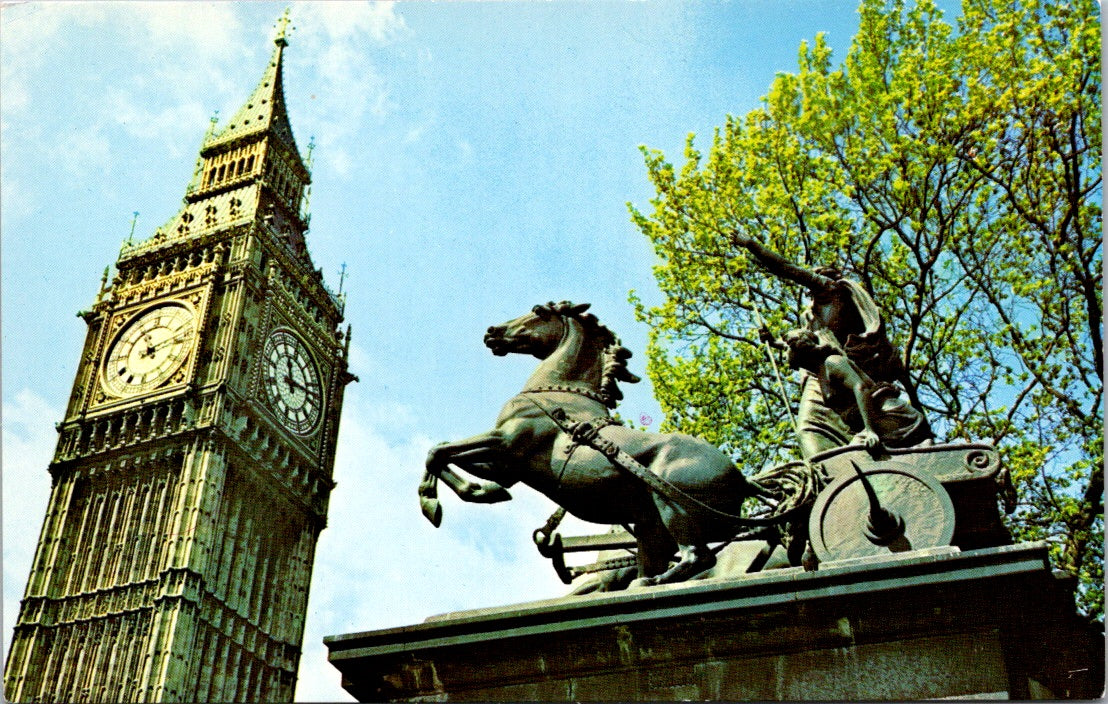 Vintage Postcard Big Ben And Boadicea Statue London United Kingdom Unposted