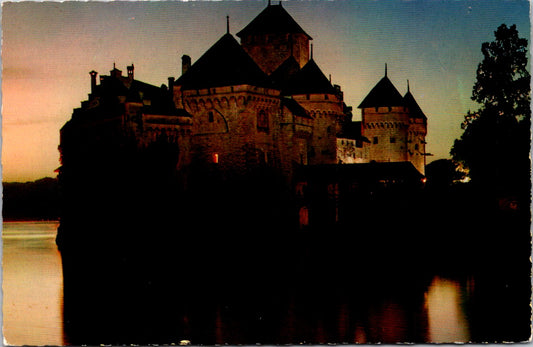 Vintage Postcard Lake Geneva The Illuminated Chillon Castle Veytaux Switzerland