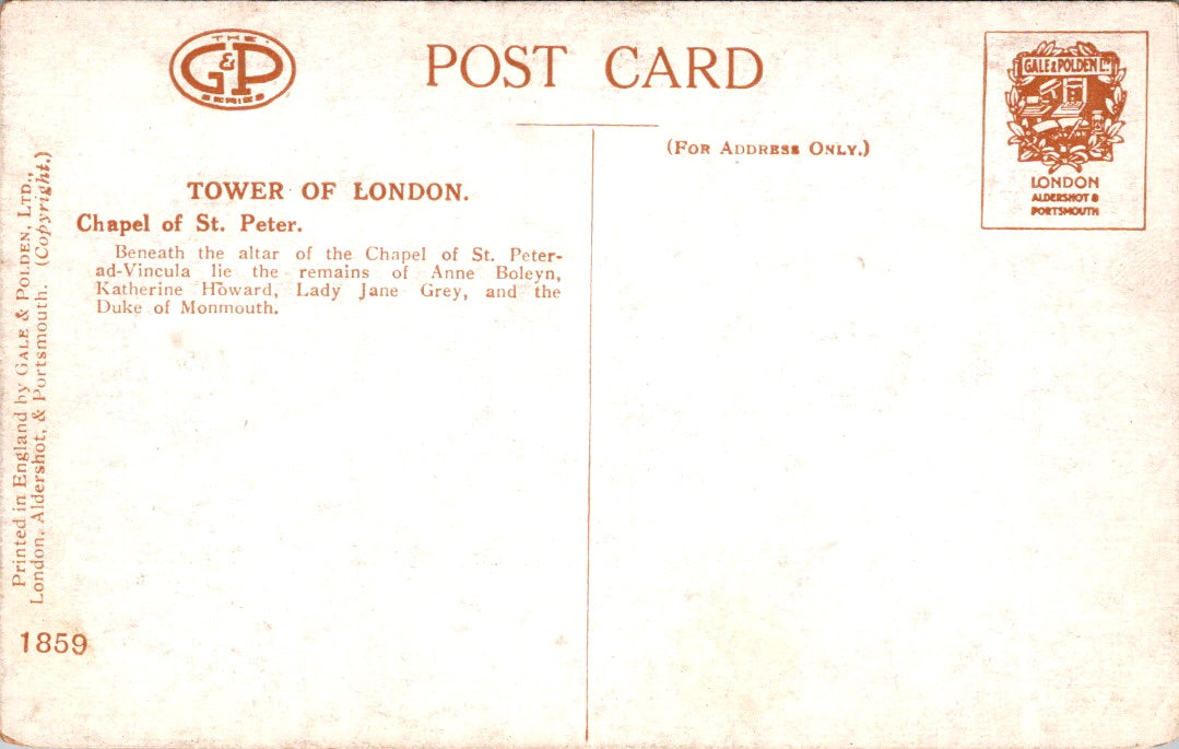 Vintage Postcard Chapel Of Saint Peter Advincula Tower Of London Unposted