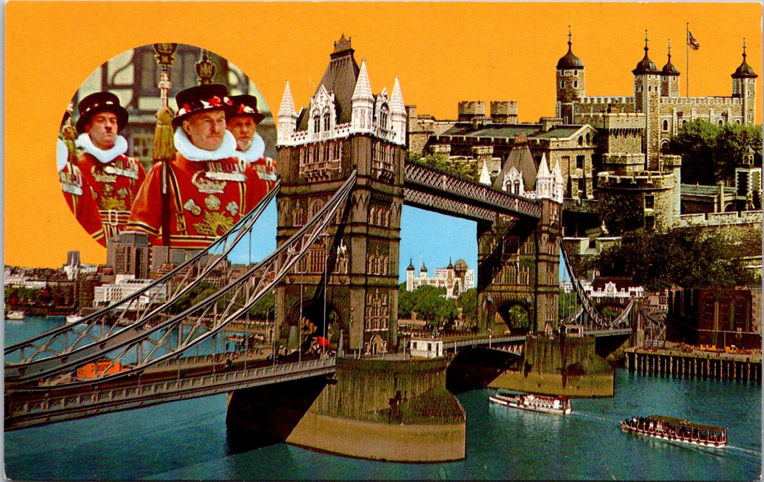 Vintage Postcard Tower And Tower Bridge With Yeoman Warders London Unposted