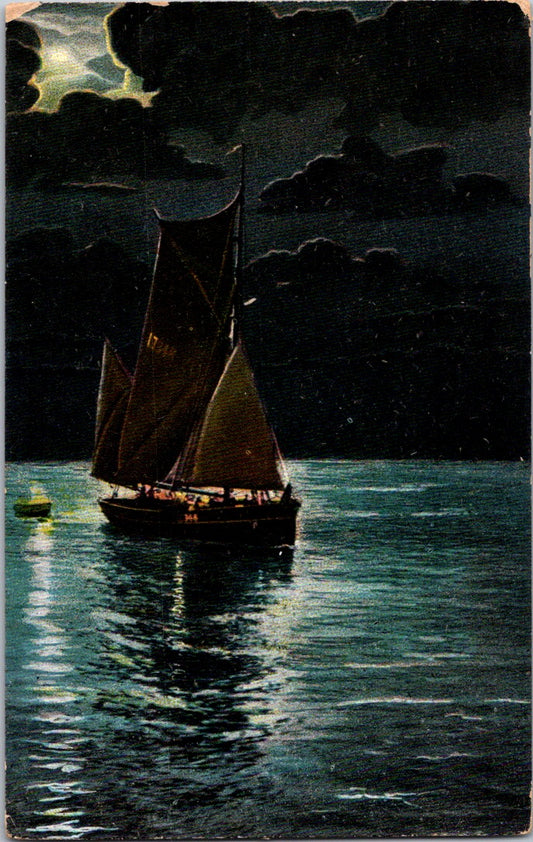 Vintage Postcard View Of A Boat At The Sea At Night Unposted