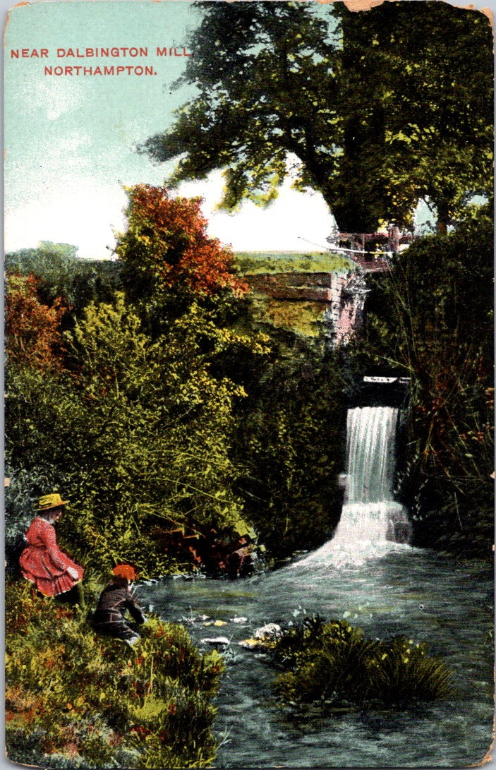 Vintage Postcard Near Dalbington Mill Northampton Waterfall England Unposted