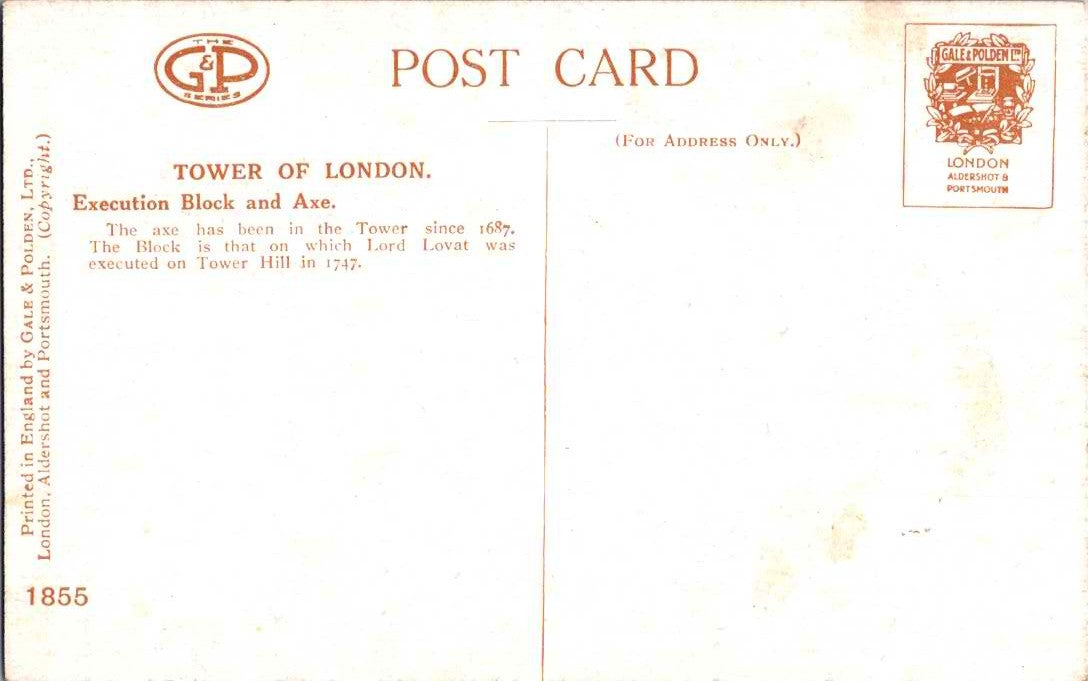 Vintage Postcard Tower Of London Execution Block And Axe United Kingdom Unposted