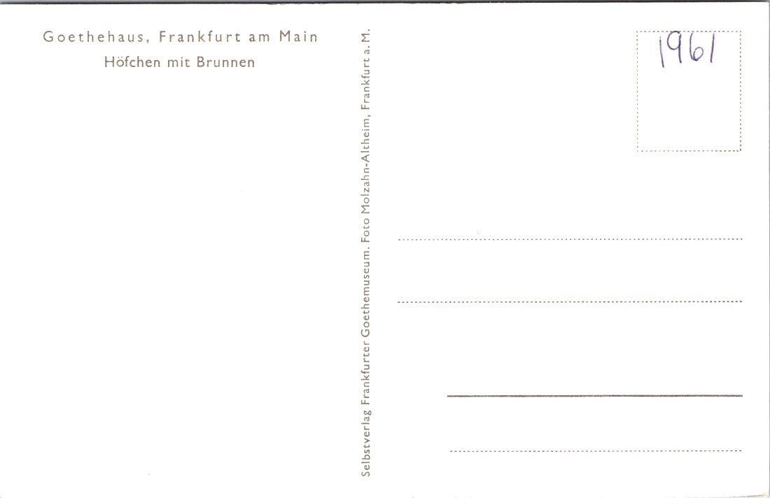 Vintage Postcard Goethe's House Hofchen Fountain Frankfurt Germany Unposted