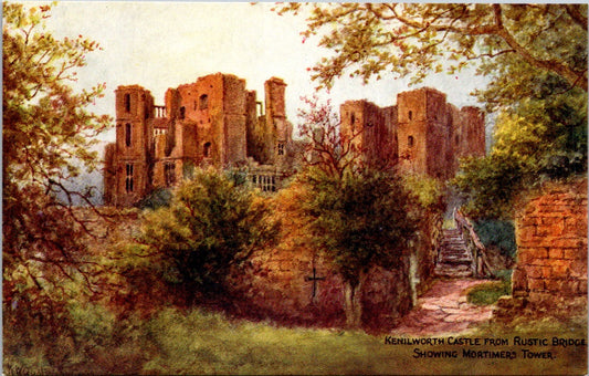 Vintage Postcard Kenilworth Castle From Rustic Bridge Showing Mortimers Tower