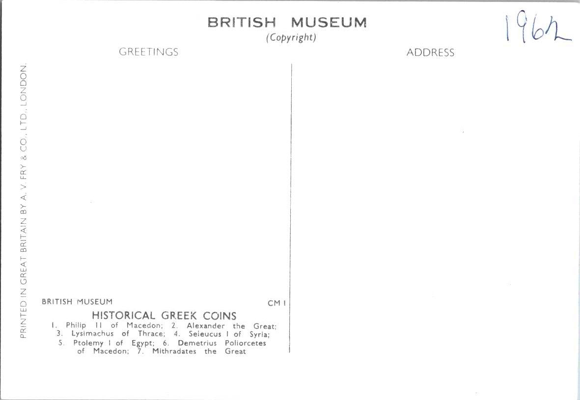 Vintage Postcard Historical Greek Coins British Museum England London Unposted