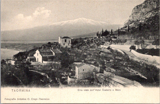 Vintage Postcard Etna Seen From The Castello A Mare Hotel Taormina Italy