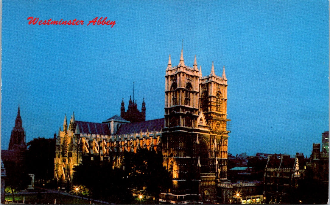 Vintage Postcard Westminster Abbey Floodlit London England United Kingdom