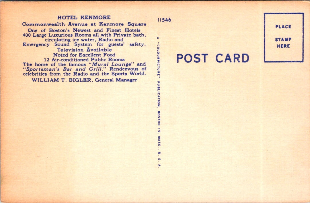 Vintage Postcard Hotel Kenmore Commonwealth Avenue Boston Massachusetts Unposted