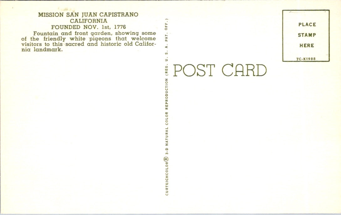 Vintage Postcard Mission San Juan Capistrano California United States Unposted