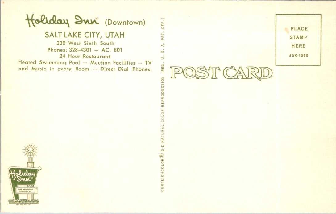 Vintage Postcard Holiday Inn Downtown Salt Lake City Utah United States Unposted